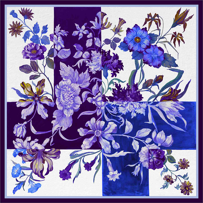 women - SQUARES - 140X140 SILK Fiore Bicolore Viola Blu