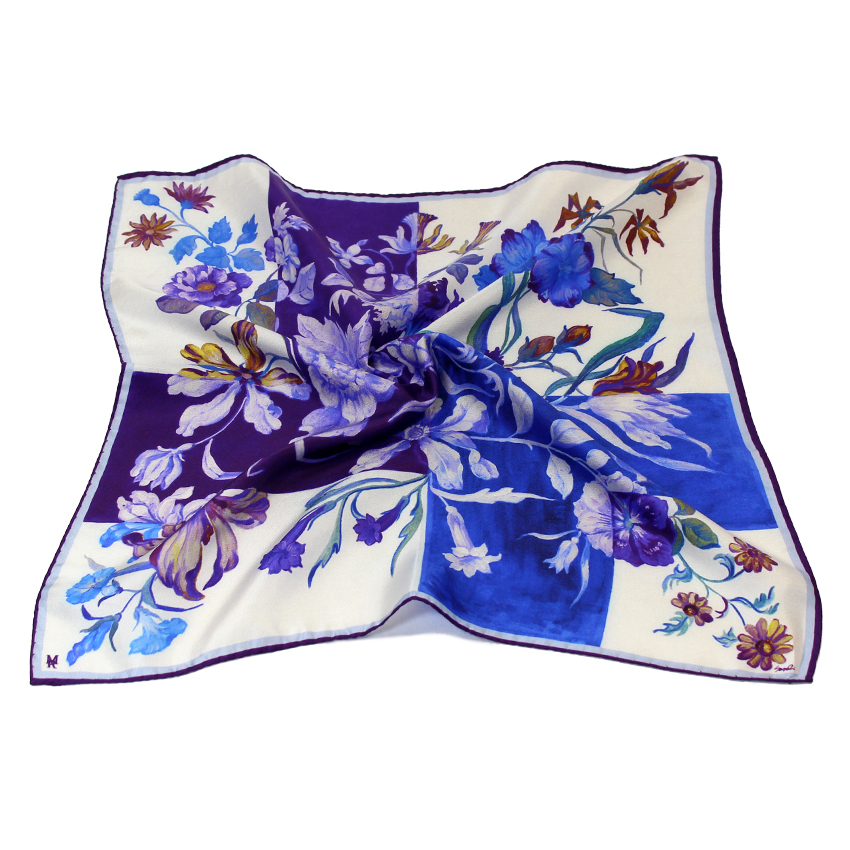 DONNA - FOULARD - 50X50 SETA Fiore Bicolore Bandana in Seta viola e blu