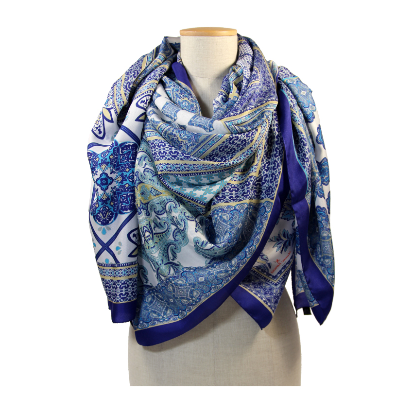 women - SCARVES AND LONG SCARVES - 140x180 Silk Crepe Mosaico Blu