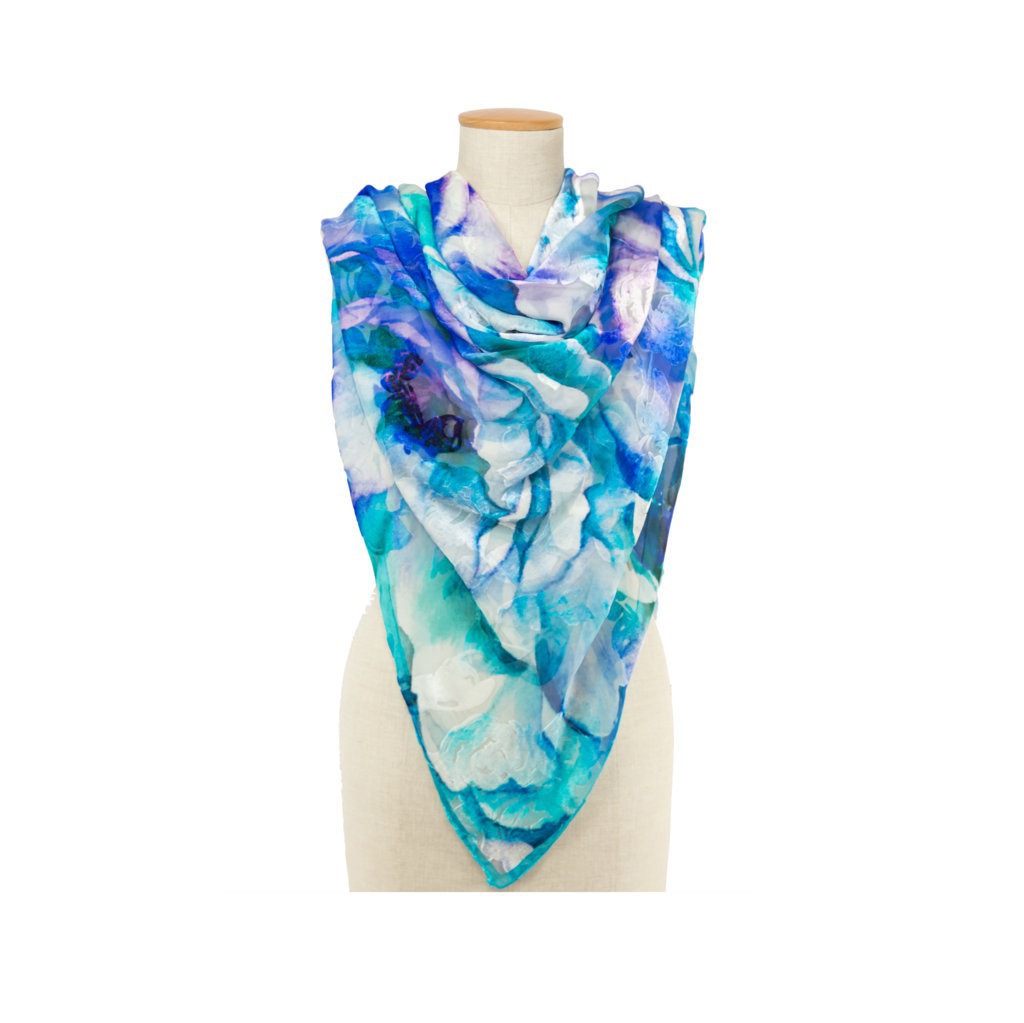 Teal Devore Rose Big Square Scarf